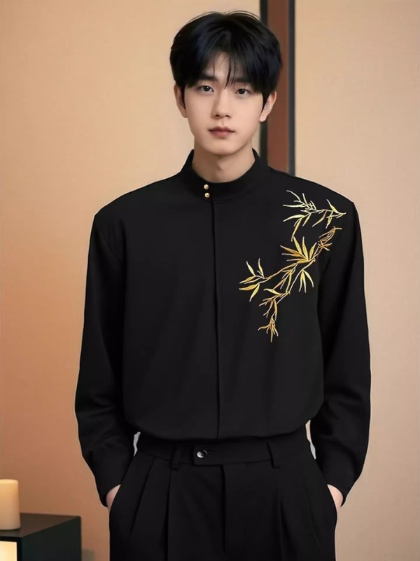 Men'S Formal Wear For Engagement - Chinese Style Long Sleeve Embroidered Bamboo