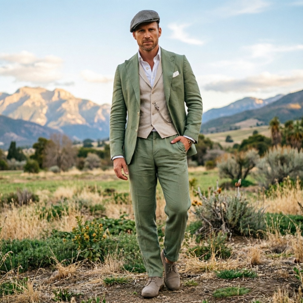 Sage Green Linen Men 3 Piece S - Men Formal Wear Outfits ulasan dan harga