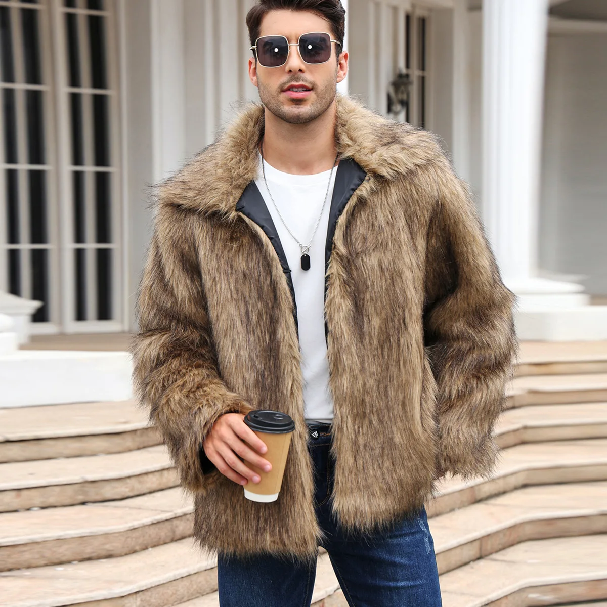 Men Faux Fox Fur Jacket Coat W - Men Formal Wear Coat ulasan dan harga