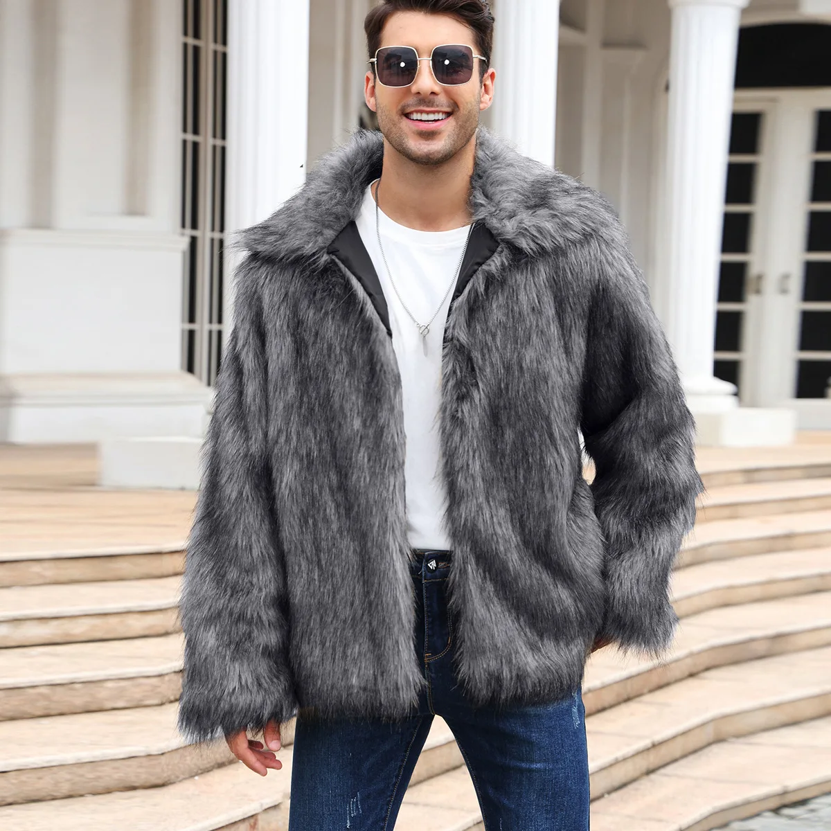 Men Faux Fox Fur Jacket Coat W - Men Formal Wear Coat ulasan dan harga